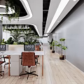 Modern Open Public Office Interior Design With Tables Chairs Plants Hanging Lights And Windows