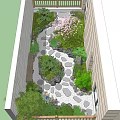 Rooftop Garden Design With Pink Flowering Tree Stone Path Green Plants Rocks And Pebbles