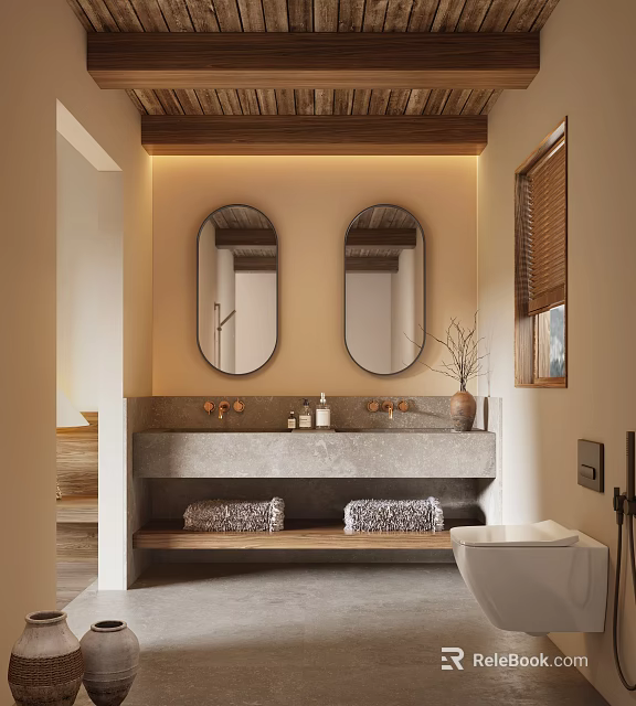 Hotel Bathroom Interior With Double Oval Mirrors Stone Sink Counter Wooden Accents And Toiletries 3d model 