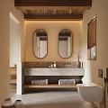 Hotel Bathroom Interior With Double Oval Mirrors Stone Sink Counter Wooden Accents And Toiletries