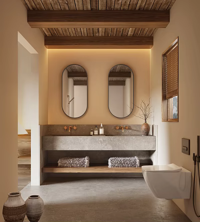 Hotel Bathroom Interior With Double Oval Mirrors Stone Sink Counter Wooden Accents And Toiletries 3d model