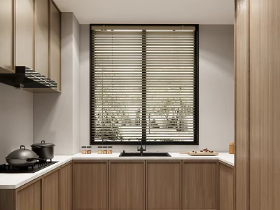 Modern Kitchen Interior With Wooden Cabinets Window Blinds Green Plants And Countertop Cookware 3d model