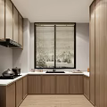 Modern Kitchen Interior With Wooden Cabinets Window Blinds Green Plants And Countertop Cookware
