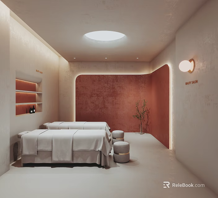 Serene SPA Sauna Room Interior With Massage Beds White Sheets Orange Accent Wall And Skylight 3d model 