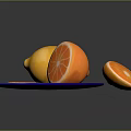 Fresh Oranges Including Whole Fruit And Slices On Blue Plate With Gray Background