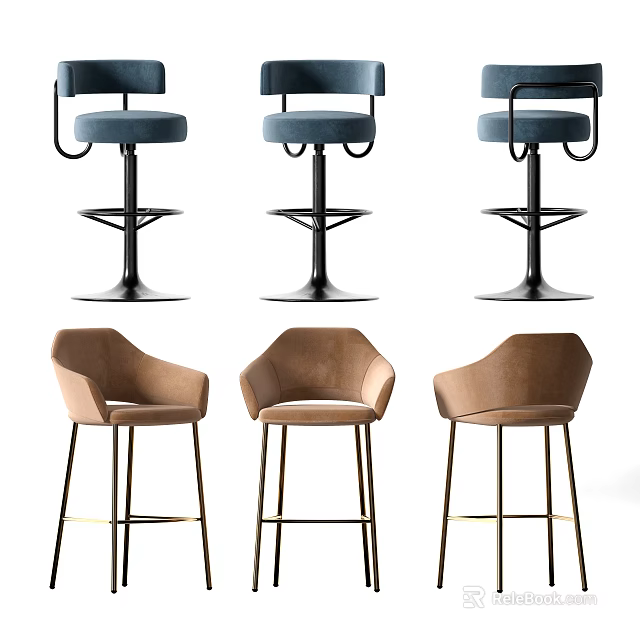 Modern Upholstered Bar Stools In Blue And Brown With Metal Legs And Backrests 3d model 