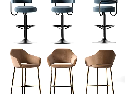 Modern Upholstered Bar Stools In Blue And Brown With Metal Legs And Backrests 3d model