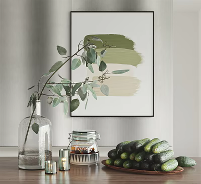 Decorative Ornament Set With Clear Glass Vase Green Leaf Plant Glass Jar Cucumbers Green Beige Painting And Gray Striped Wall 3d model