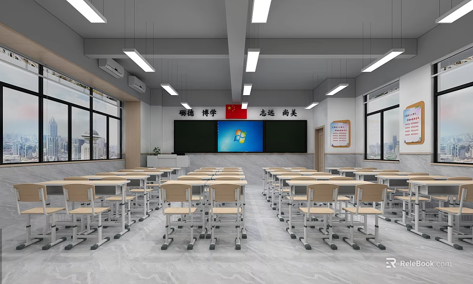 School Classroom Interior With Neat Desks Chairs Blackboard And National Flag 3d model 