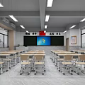 School Classroom Interior With Neat Desks Chairs Blackboard And National Flag