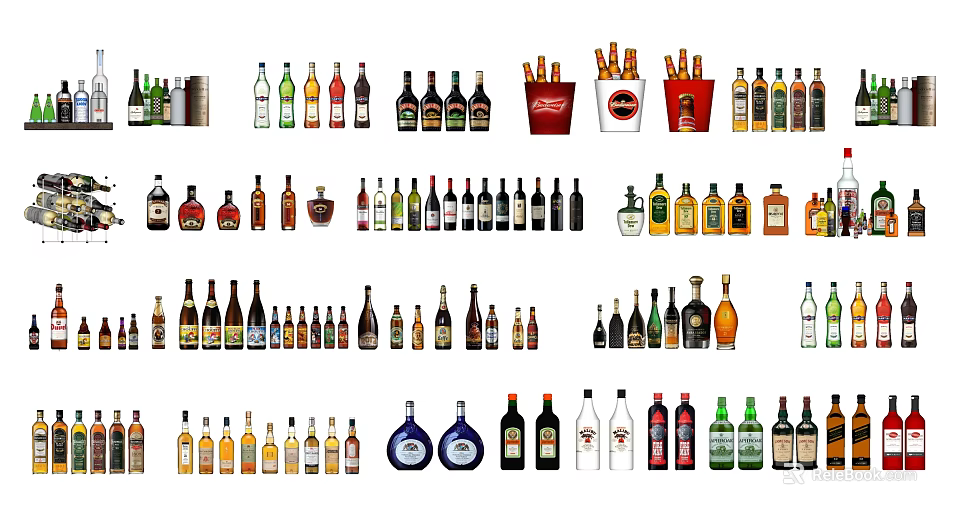 Varied Wine Bottles And Glasses Collection With Different Colors And Shapes 3d model 