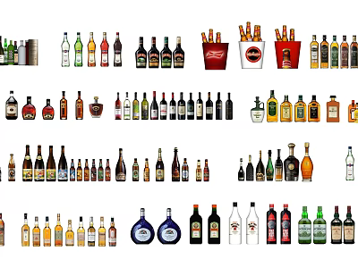 Varied Wine Bottles And Glasses Collection With Different Colors And Shapes 3d model