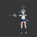 Anime Ship Girl Character With Teal Hair In Blue White Uniform Holding Weapon
