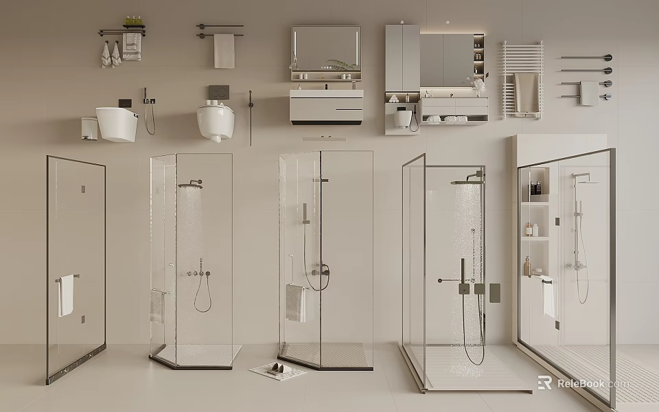 Modern Bathroom Combinations with Transparent Shower Enclosures Mirrors Washbasins and Storage Cabinets 3d model 