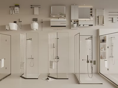 Modern Bathroom Combinations with Transparent Shower Enclosures Mirrors Washbasins and Storage Cabinets 3d model