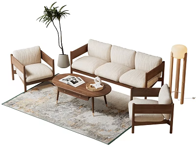 Modern Sofa and Coffee Table Set with Armchairs Floor Lamp Plant on Patterned Rug 3d model
