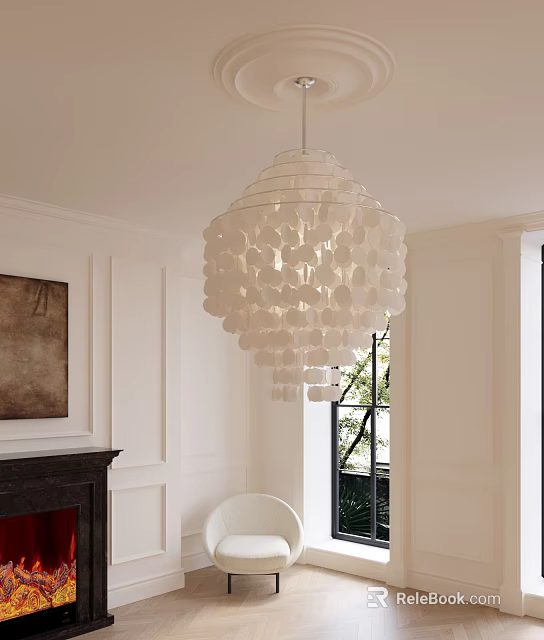 Elegant White Circular Chandelier In Living Room With White Walls Fireplace Window Green Plants 3d model 