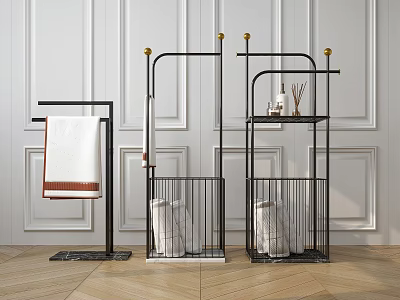Elegant Modern Black Metal Clothes Hangers With Gold Accents And Storage Baskets Design 3d model