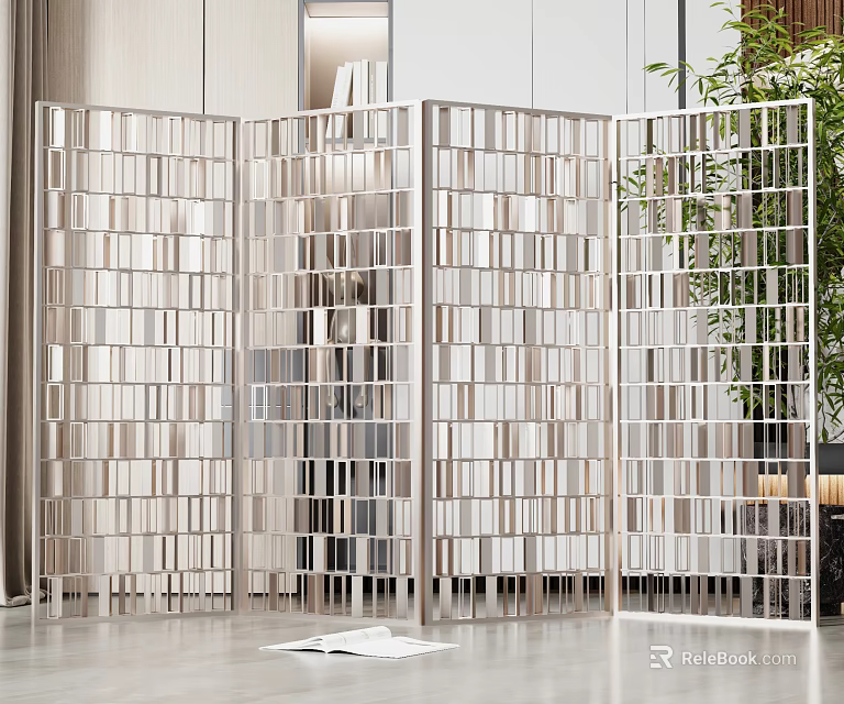 Modern Room Divider With Geometric Grid Design And Light Foldable Panels 3d model