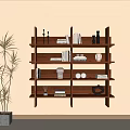 Modern Wall Mounted Wooden Bookshelf With Books Decorative Items And Plant On Beige Wall Interior