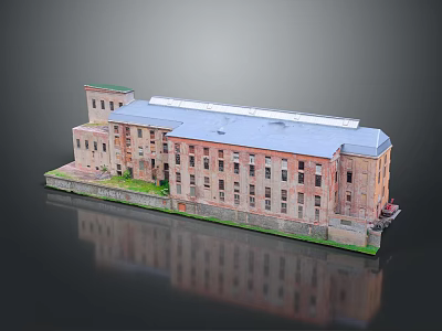 Red Brick Multi Story Industrial Building With Rows of Windows and Flat Roof Green Surrounding Ground 3d model