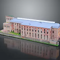 Red Brick Multi Story Industrial Building With Rows of Windows and Flat Roof Green Surrounding Ground