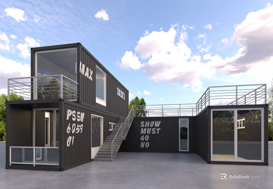 Modern Black Container Building With Multiple Units Staircase And Glass Windows 3d model 