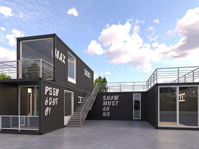 Modern Black Container Building With Multiple Units Staircase And Glass Windows 3d model