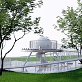 Modern Playground Equipment With Circular Walkway And Spherical Structure On Green Lawn And Trees