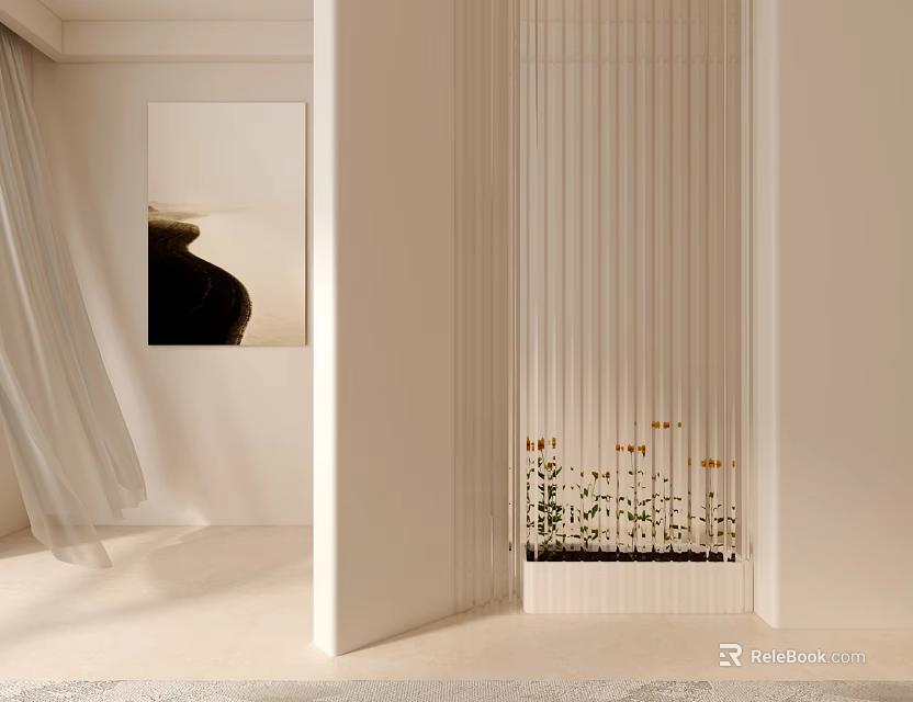Modern White Room Divider With Vertical Slats And Decorative Plants 3d model 