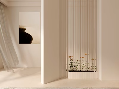 Modern White Room Divider With Vertical Slats And Decorative Plants 3d model