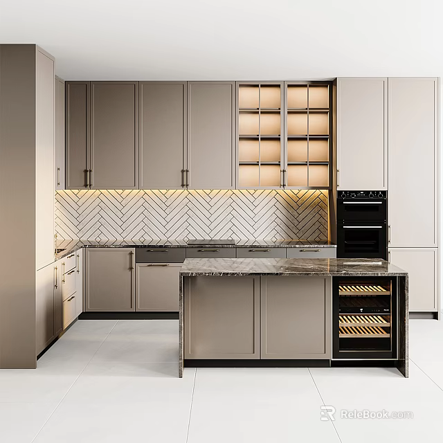 Contemporary Kitchen With Beige Cabinets Chevron Backsplash And Wine Storage 3d model 