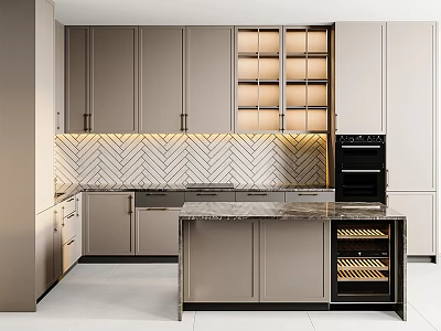 Contemporary Kitchen With Beige Cabinets Chevron Backsplash And Wine Storage 3d model