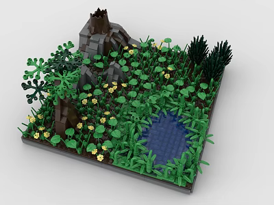 Creative Building Blocks Scene with Green Plants Yellow Flowers Small Pond and Rocky Structure 3d model