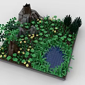 Creative Building Blocks Scene with Green Plants Yellow Flowers Small Pond and Rocky Structure