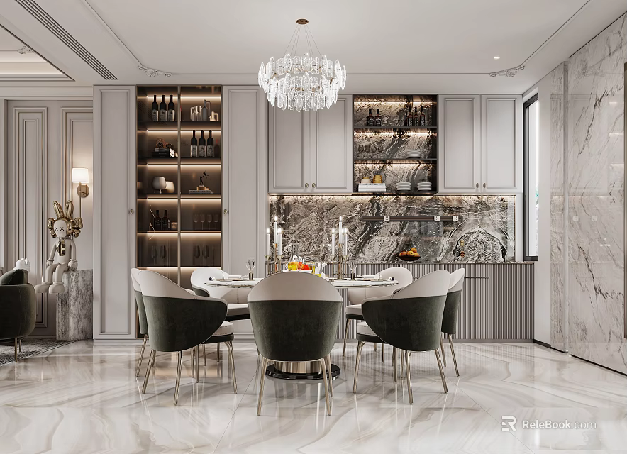 Elegant Dining and Living Room Interior With Crystal Chandelier Dining Table Chairs and Marble Floor 3d model 