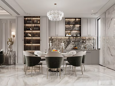 Elegant Dining and Living Room Interior With Crystal Chandelier Dining Table Chairs and Marble Floor 3d model