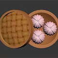 Three Soft Pink Steamed Buns in Open Bamboo Steamer with Lid