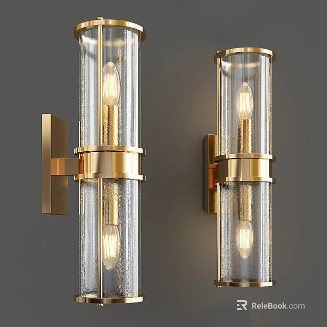 Modern Golden Wall Sconces with Transparent Glass Shades Illuminated on Gray Wall 3d model 