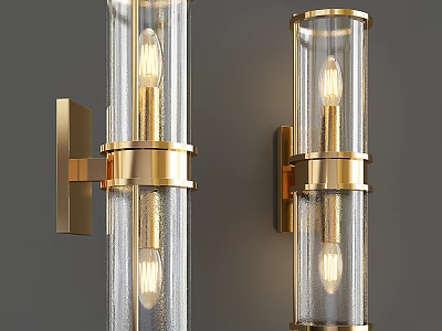 Modern Golden Wall Sconces with Transparent Glass Shades Illuminated on Gray Wall 3d model