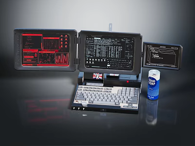 Vintage Electronic Device With Multi Screen Display Keyboard UK Flag Sticker And Windex Bottle 3d model