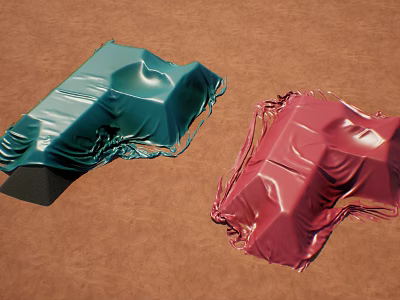 Green And Red Fabric Covered Building Components Placed On Brown Ground Surface 3d model