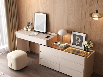 Elegant Dressing Table with Mirror Table Lamp Picture Frame and Flower Vase Stool 3d model