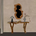 Natural Wooden Console Table with Gray Lampshade Fruit Bowl Vase and Decorative Curved Mirror