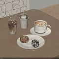 Wooden Table Setting With Iced Coffee Drinks Latte And Dessert Cookie Donut