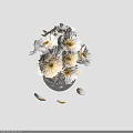 White and Cream Colored Flowers in Transparent Glass Vase with Falling Petals on Black Background
