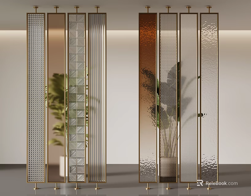 Modern Interior Room Dividers With Metal Frame And Textured Glass Panels 3d model 