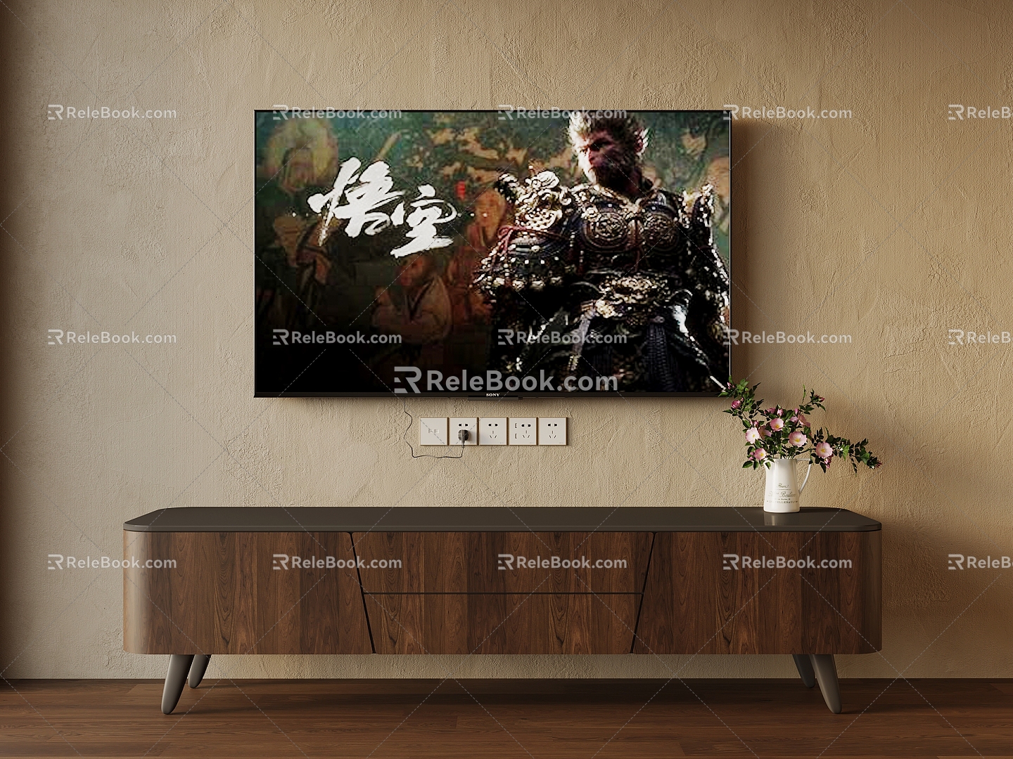 Silent Chinese Style TV Cabinet TV Black Wukong Flowers 3d model