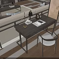 Modern Dark Wood Desk In Living Space With White Chair Table Lamp And Notebook