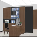 Modern Wooden Bookcase With Glass Door Compartments Blue Folders And Stacked Documents